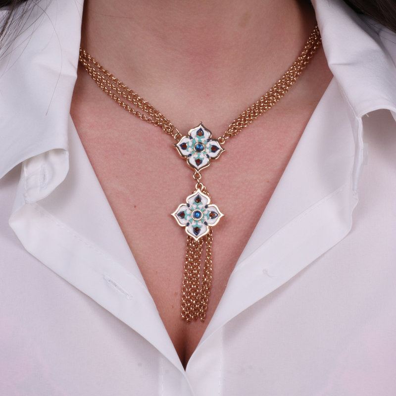Collana in Metallo con maioliche colorate a forma di croce e frange pendenti SICILY - gioiello BySimon