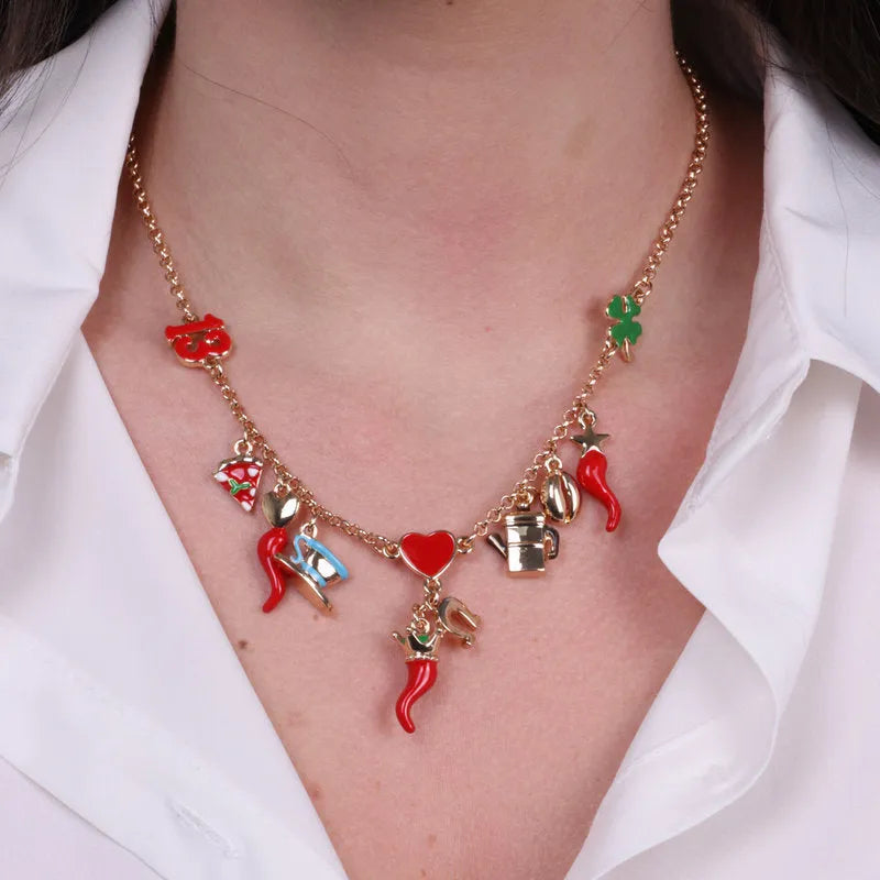 Collana in Metallo con cornetti portafortuna, caffettiera, 13, quadrifoglio, pizza - BYSIMON gioielli
