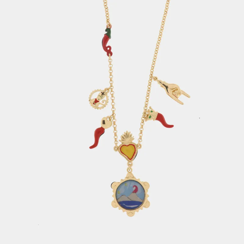 Collana in Metallo con cornetti, cuore sacro, corna e Vesuvio - BYSIMON gioielli