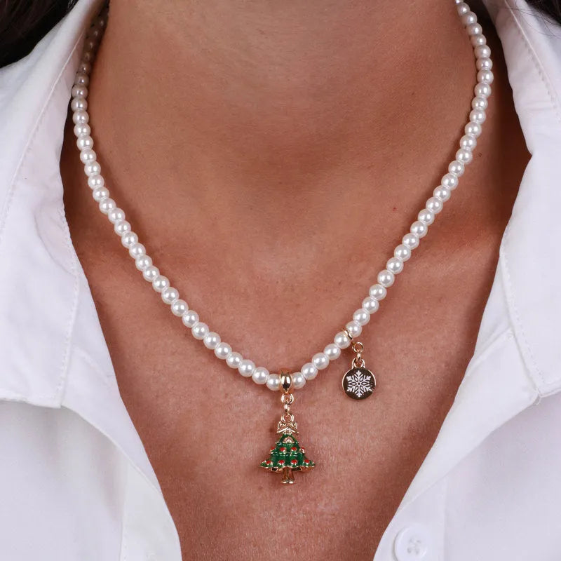 Metal necklace with pearl chain and Christmas tree