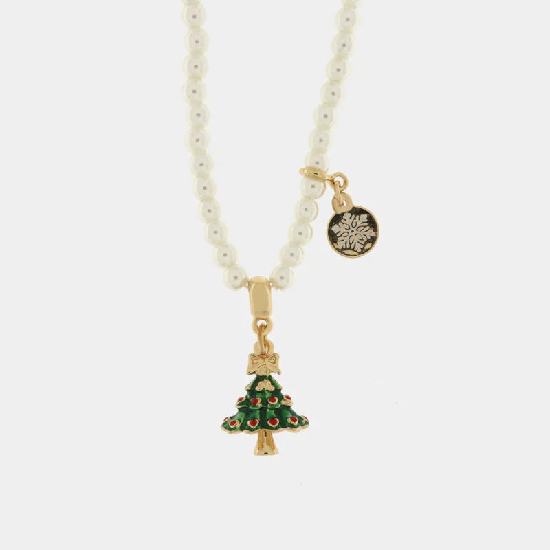 Metal necklace with pearl chain and Christmas tree