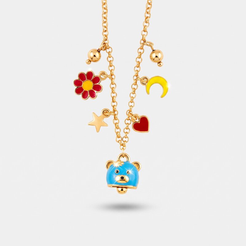 Collana in Metallo con campanella a forma di orsetto blu e piccola margherita, luna e cuore