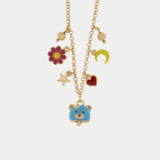 Collana in Metallo con campanella a forma di orsetto blu e piccola margherita, luna e cuore