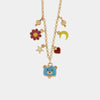 Collana in Metallo con campanella a forma di orsetto blu e piccola margherita, luna e cuore