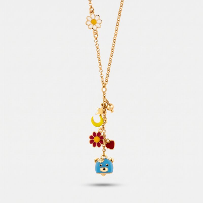 Collana in Metallo con campanella a forma di orsetto blu e piccola margherita, luna e cuore