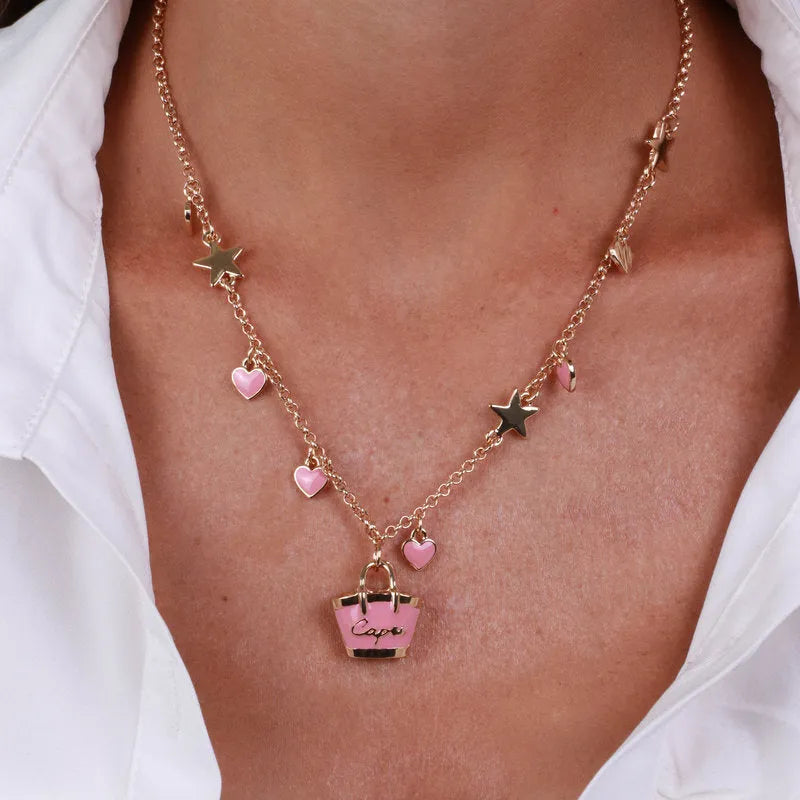 Collana in Metallo con borsa e cuori rosa - BYSIMON gioielli