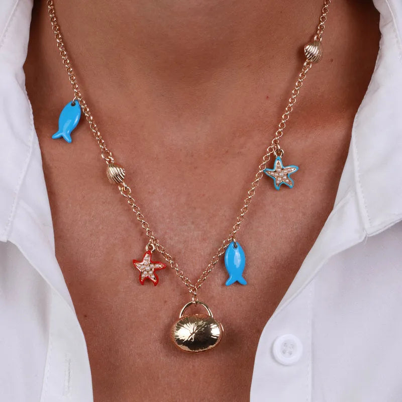 Collana in Metallo con borsetta impreziosita da simboli marini - BYSIMON gioielli
