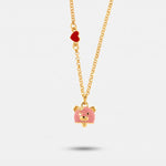 Collana in Metallo con campanella a forma di orso rosa e cuore rosso - BYSIMON gioielli