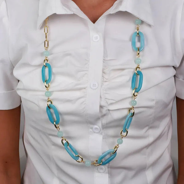 Collana in Metallo con catene a forma rettangolare celeste