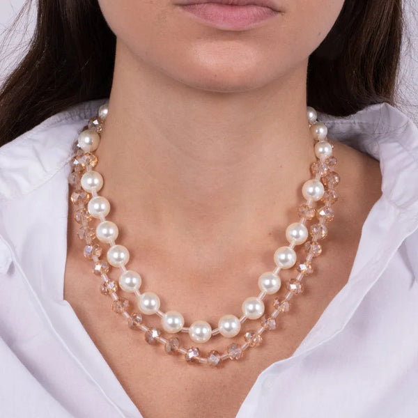 Collana in Metallo doppia catena con cristalli rosa e perle - BYSIMON gioielli