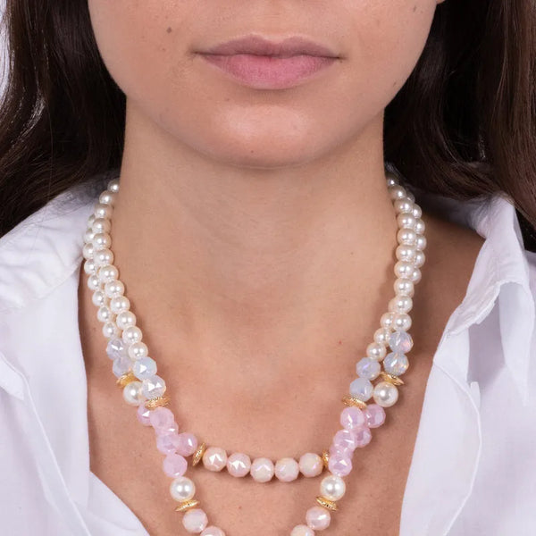 Collana in Metallo doppia catena con cristalli e perle - BYSIMON gioielli