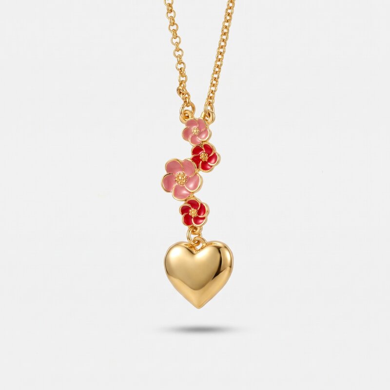 Collana in Metallo con fiori rosa e cuori pendente - BYSIMON gioielli