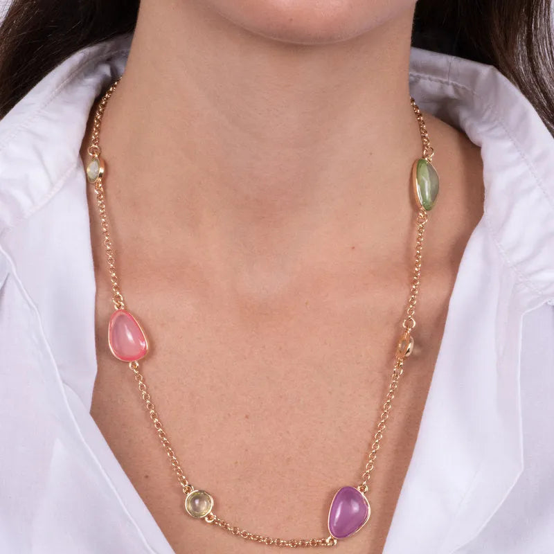 Collana in Metallo con pietre rosa e verdi a forma di goccia
