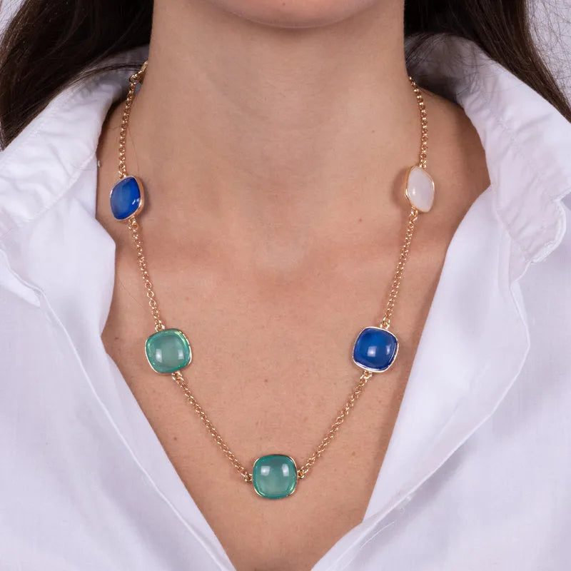 Collana in Metallo con pietre blu quadrate - BYSIMON gioielli