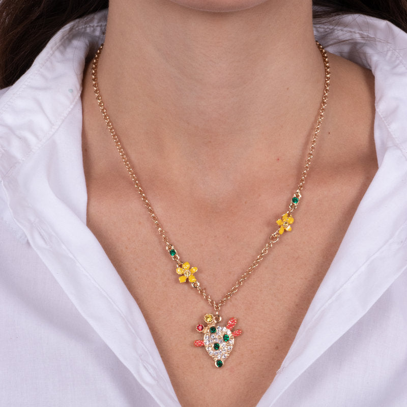 Collana in Metallo con cactus impreziosito da pietre colorati