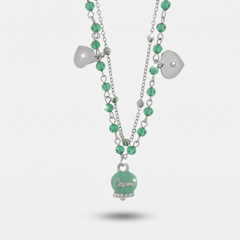 Collana in Metallo multifilo con campanella e pietre verde marino