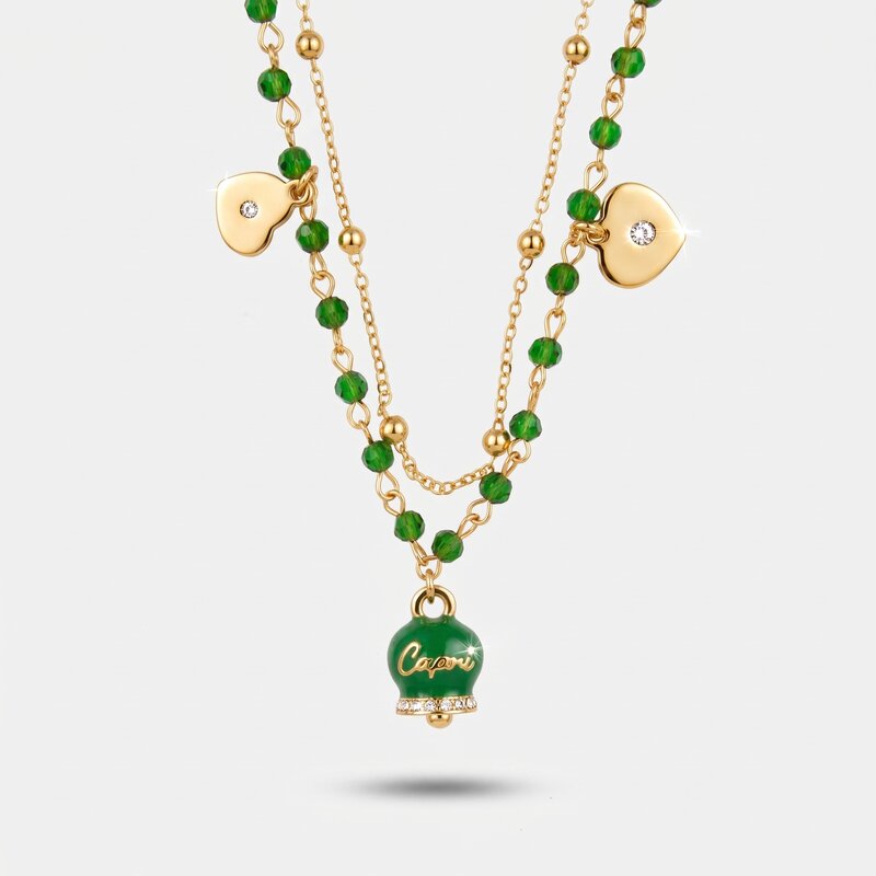 Collana in Metallo multifilo con campanella e pietre verdi