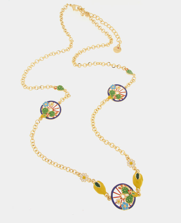 Collana in Metallo con ruote blu impreziosita da cactus, limoni e fiori - BYSIMON gioielli