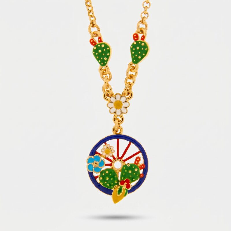 Collana in Metallo con ruota blu impreziosita da cactus, limoni e fiori - BYSIMON gioielli