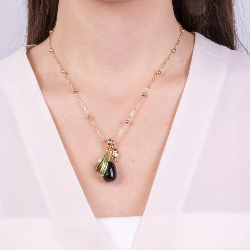 Metal Necklace with Olive and Leaves and Small Pumo