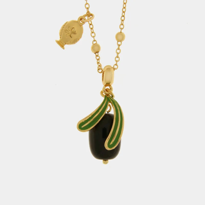 Metal Necklace with Olive and Leaves and Small Pumo