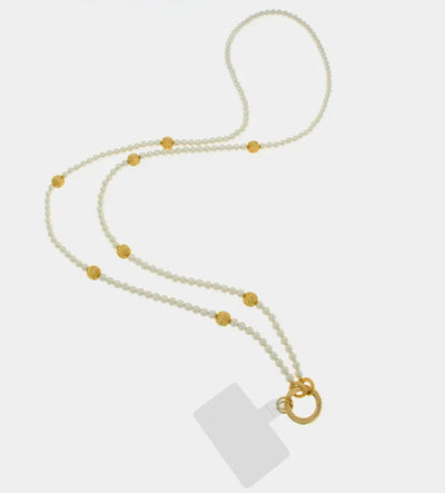 Cell Phone Chain with White Synthetic Pearls and Gold Details