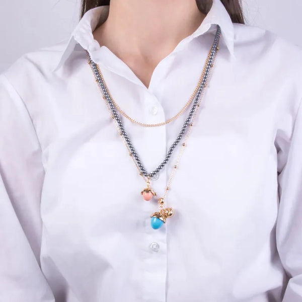 Collana in Metallo multifilo con cristalli e sonaglio pendente