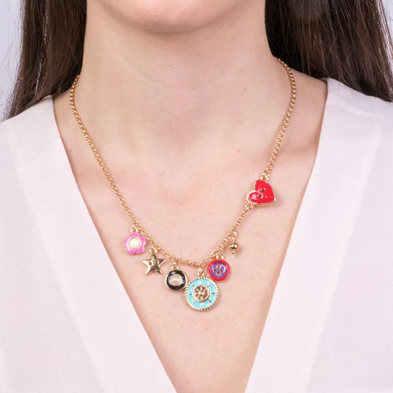 Collana in Metallo con ciondolo timone e bottoni colorati