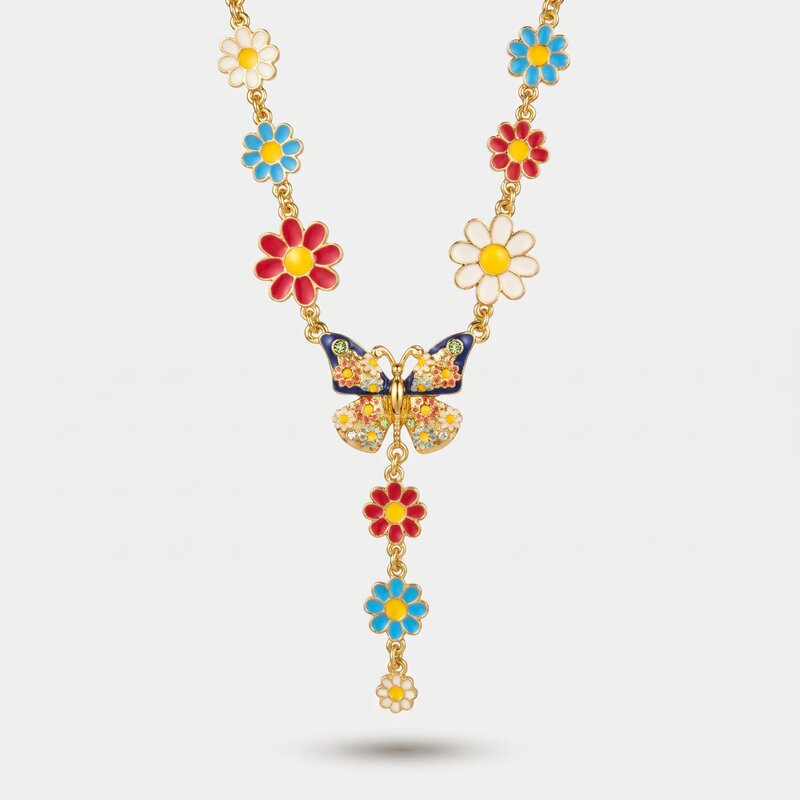 Collana in Metallo con farfalla e fiori colorati - BYSIMON gioielli