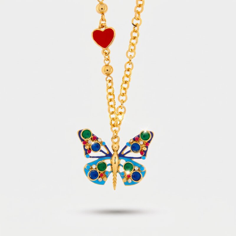 Collana in Metallo con farfalla multicolor e cuore rosso - BYSIMON gioielli