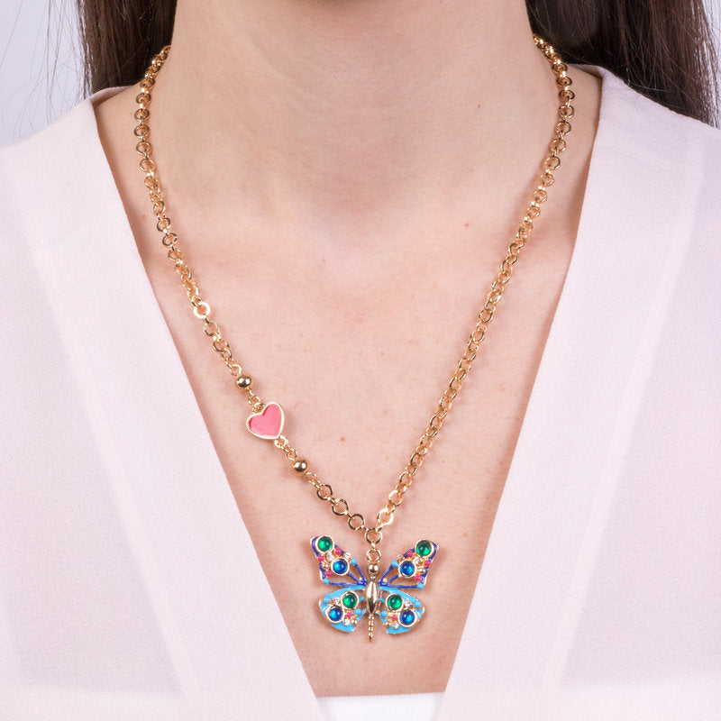 Collana in Metallo con farfalla multicolor e cuore rosso - BYSIMON gioielli