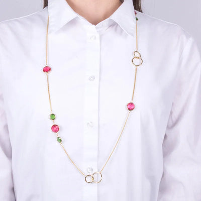 Metal Necklace with Red and Green Crystals
