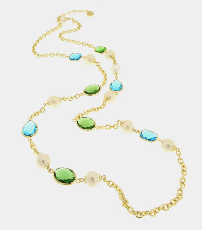 Collana in Metallo con cristalli blu e verdi e perle sintetiche - BYSIMON gioielli