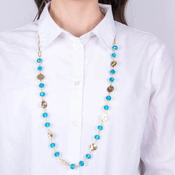 Metal Necklace with Hammered Plates and Blue Crystals