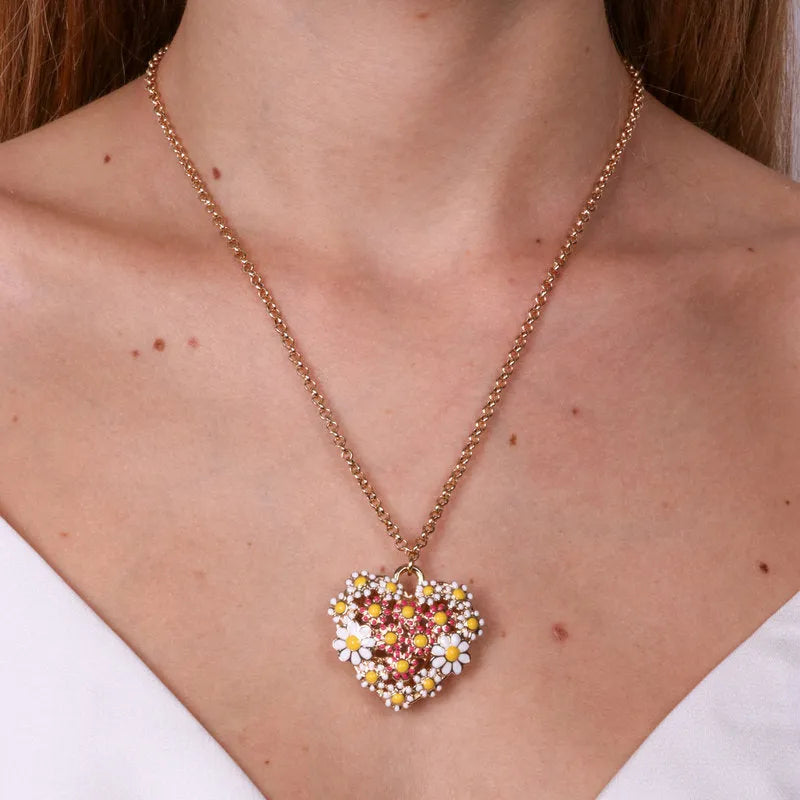 Collana in Metallo cuore impreziosito da fiori bianchi - BYSIMON gioielli