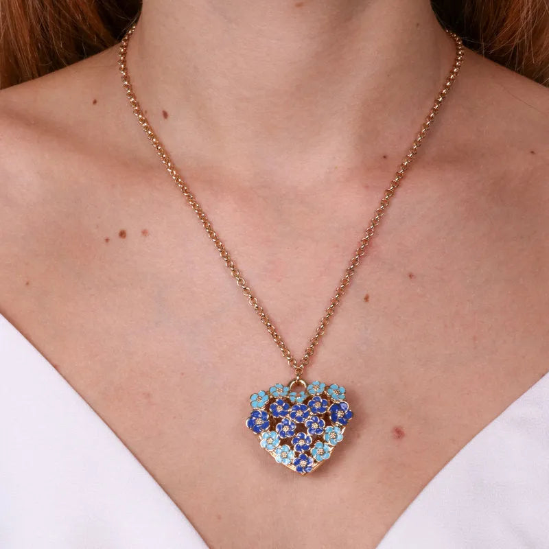 Collana in Metallo cuore impreziosito da fiori blu - BYSIMON gioielli
