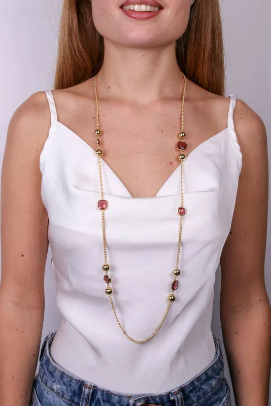 Collana in Metallo lunga con pietre marroni e perle lucide