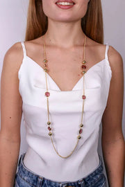 Collana in Metallo lunga con pietre marroni e perle lucide