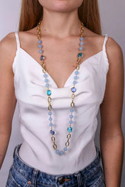 Collana in Metallo lunga coon catene , perle e cristalli blu