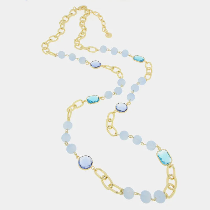 Collana in Metallo lunga coon catene , perle e cristalli blu