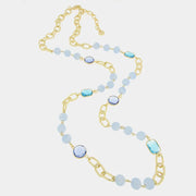 Collana in Metallo lunga coon catene , perle e cristalli blu