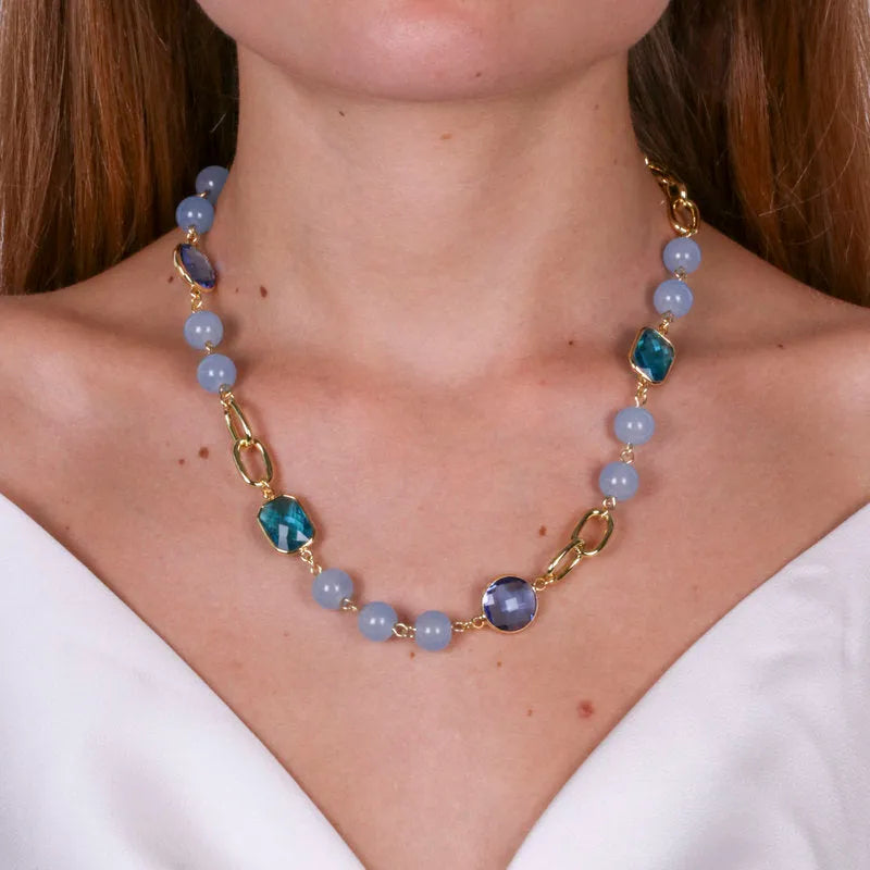Collana in Metallo con catena doppia , cristalli e perline blu