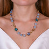 Metal necklace with double chain, crystals and blue beads