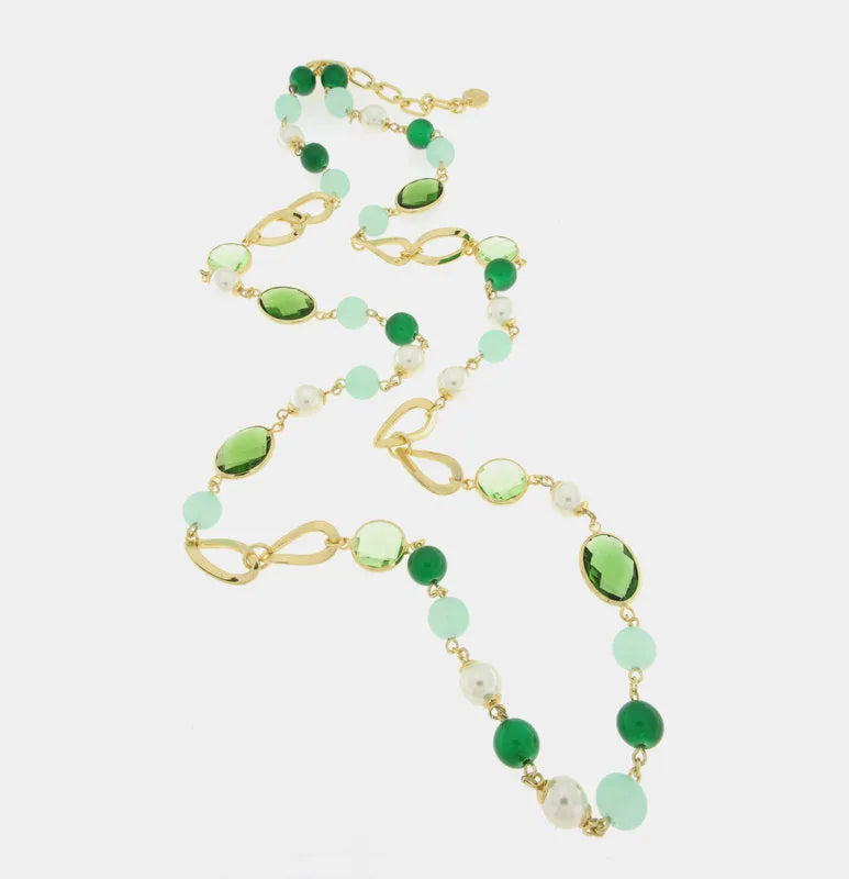 Collana in Metallo con perle e cristalli verdi