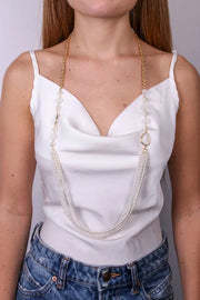 Collana in Metallo lunga con cristallo e multifilo di perle pendente