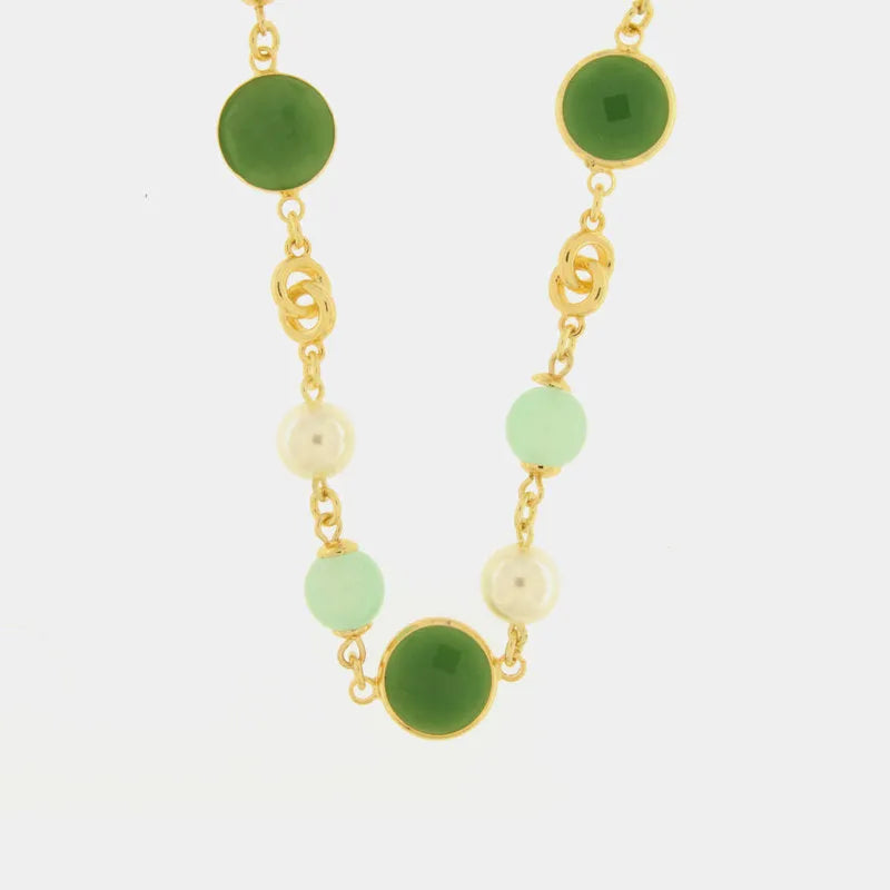 Collana in Metallo con catenine e cristalli  e perle verdi