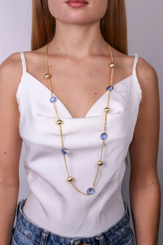 Collana in Metallo lunga con cristalli blu e perle oro