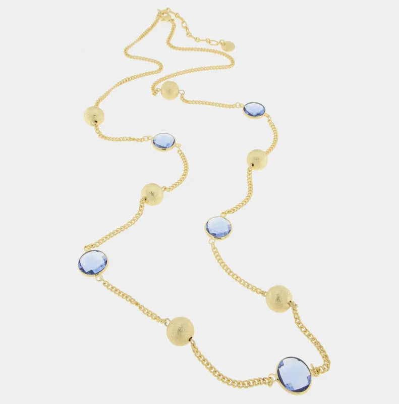 Collana in Metallo lunga con cristalli blu e perle oro