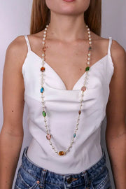 Collana in Metallo con cristalli multicolor e perline bianche