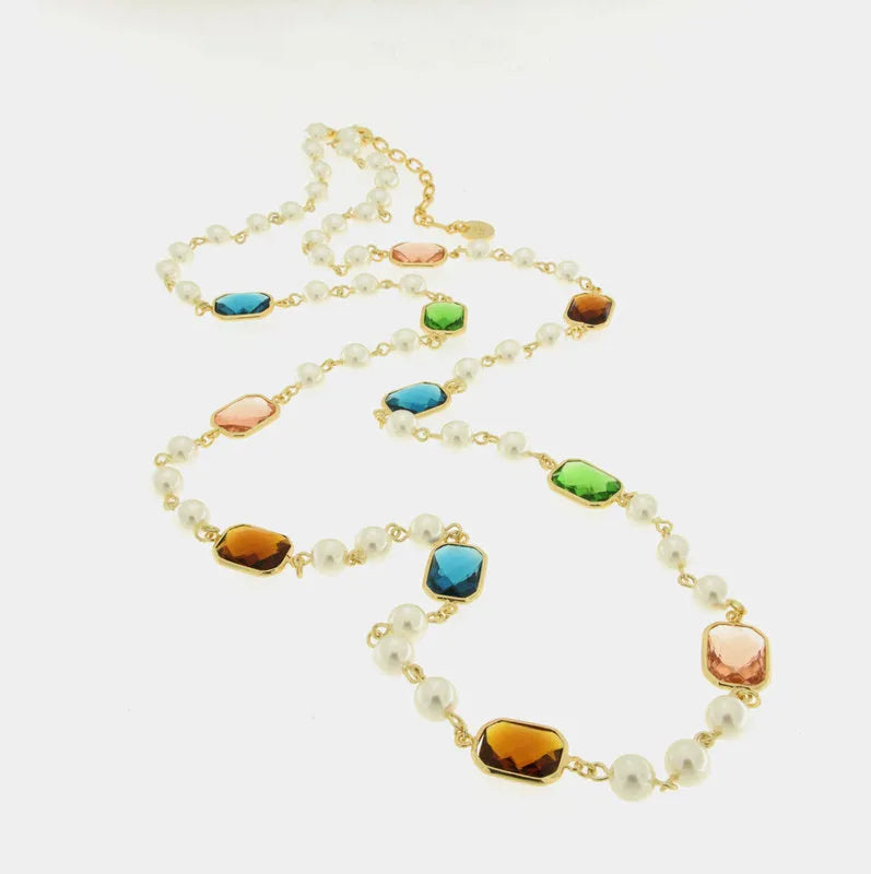 Collana in Metallo con cristalli multicolor e perline bianche - BYSIMON gioielli
